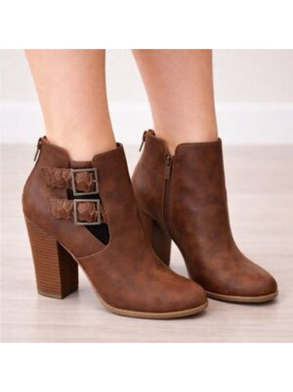 American Eagle Brown Ankle Booties with Stacked Heel & Cutout Buckle Detail